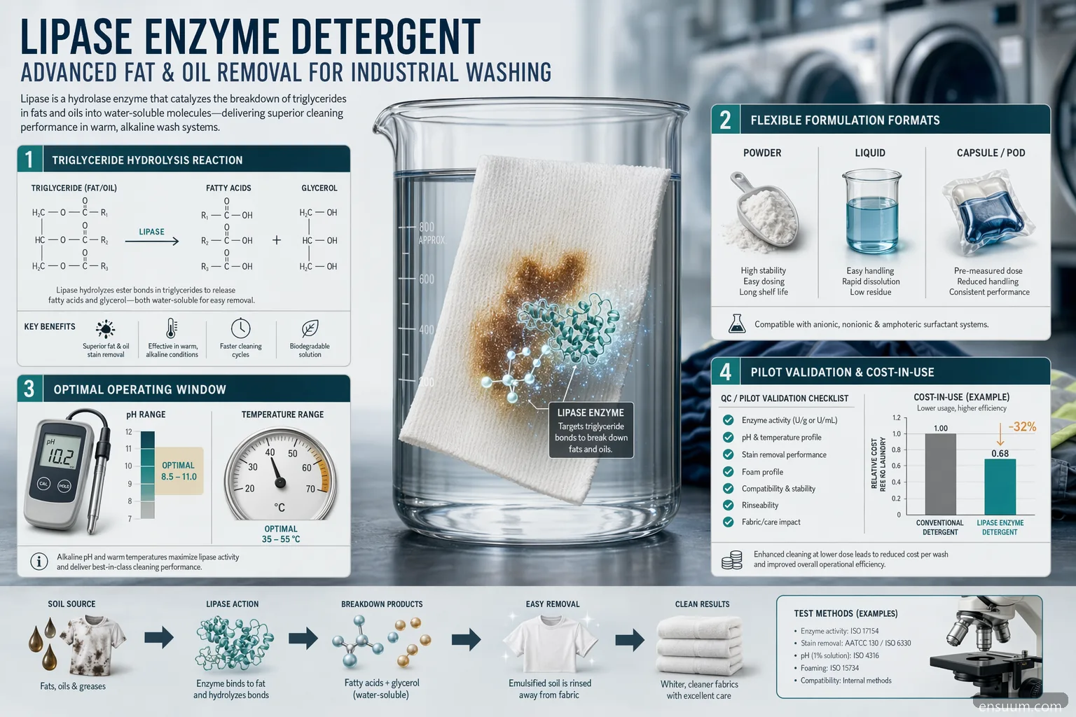 lipase enzyme detergent guide showing fat-stain hydrolysis, pH-temperature window, formats and QC checks