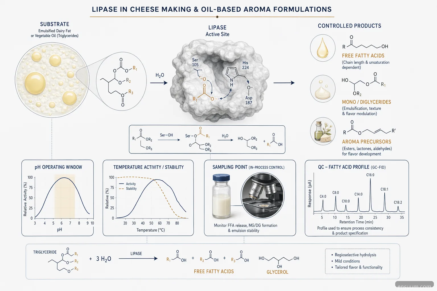 lipase enzyme for cheese making mechanism diagram linking triglyceride hydrolysis to free fatty acids and aroma control