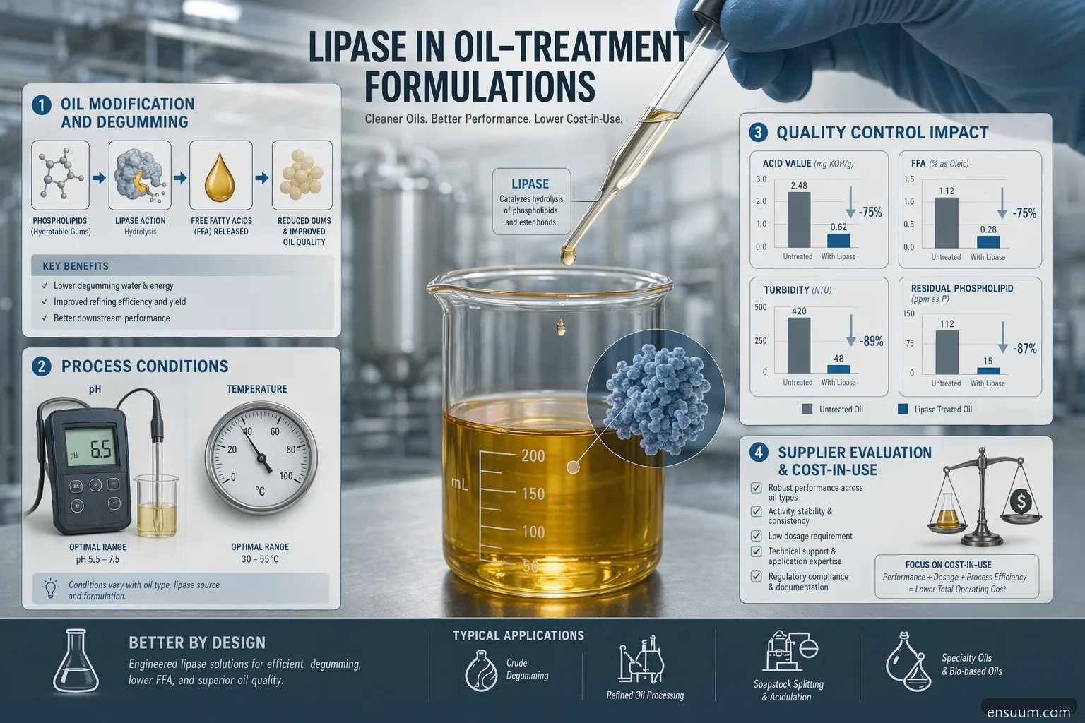 lipase enzyme for sale guide, infographic on oil treatment conditions, QC metrics, supplier cost-in-use