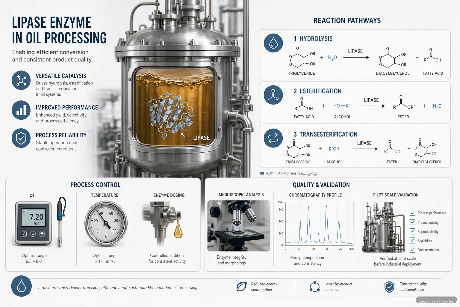 lipase enzyme oil processing guide, showing controlled reaction steps, dosing, quality checks and scale-up workflow